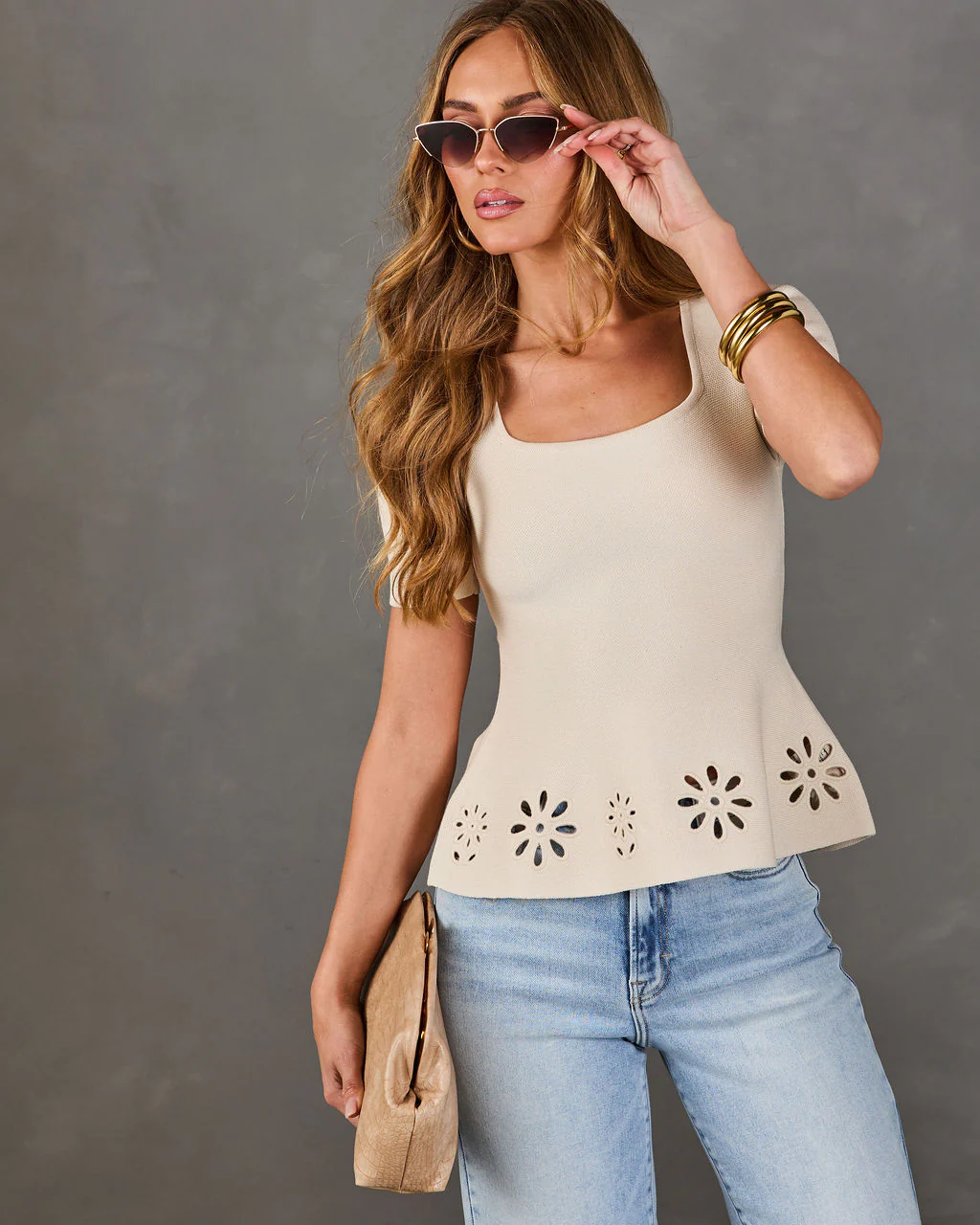 Easy Afternoon Floral Cut Out Peplum Top - Image 5