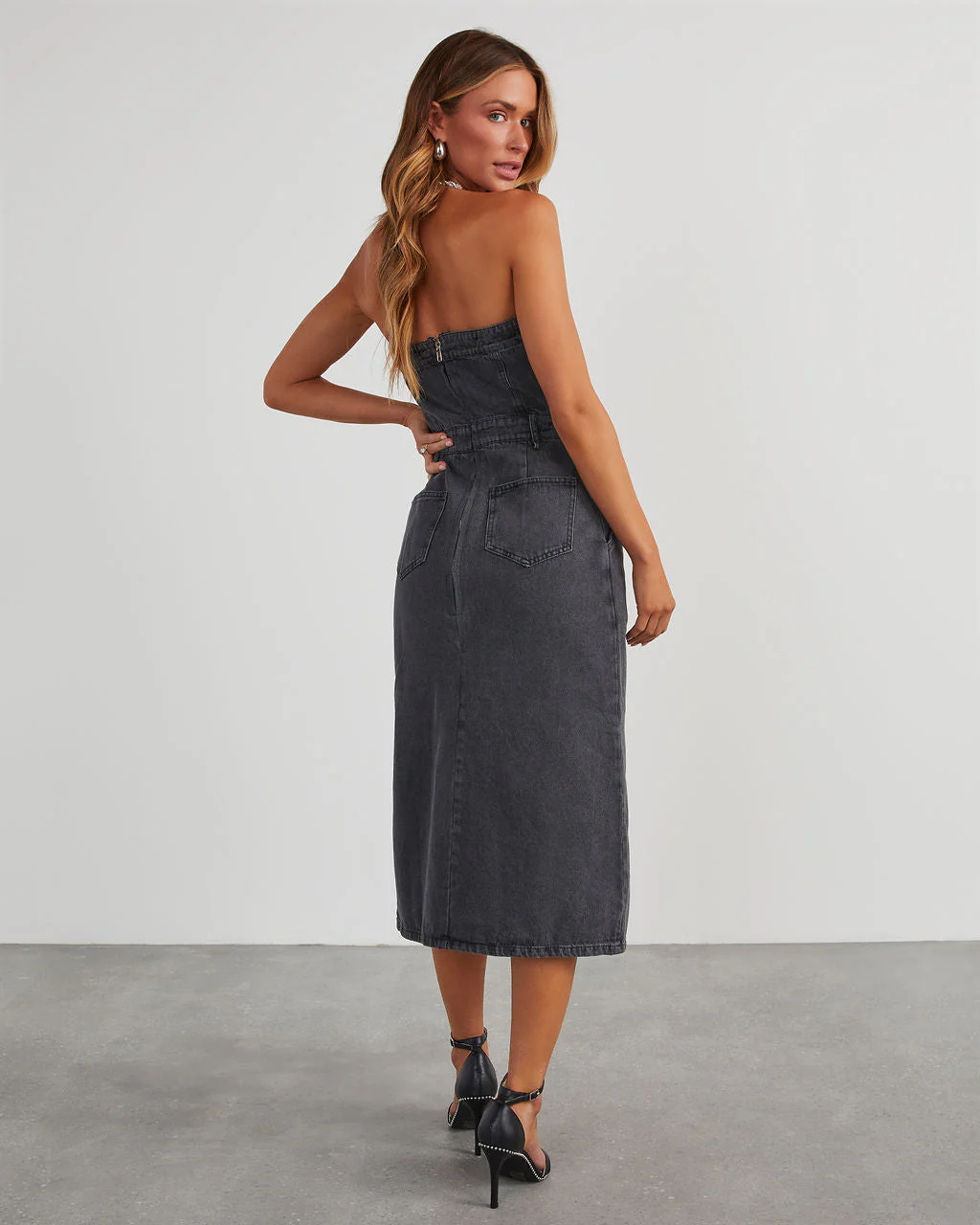 Edgy Era Denim Strapless Midi Dress - Image 10