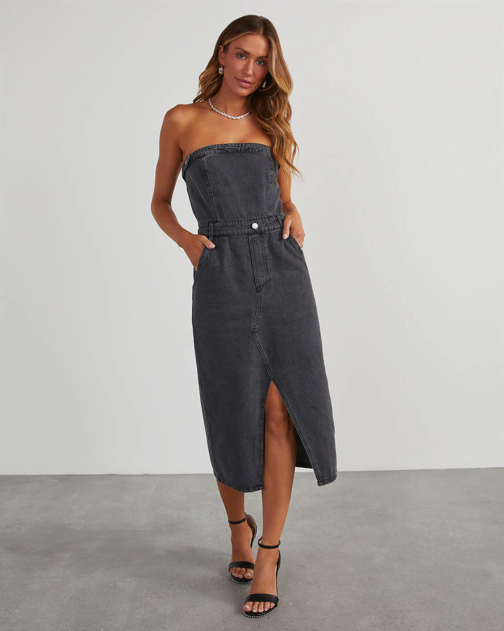 Edgy Era Denim Strapless Midi Dress - Image 12