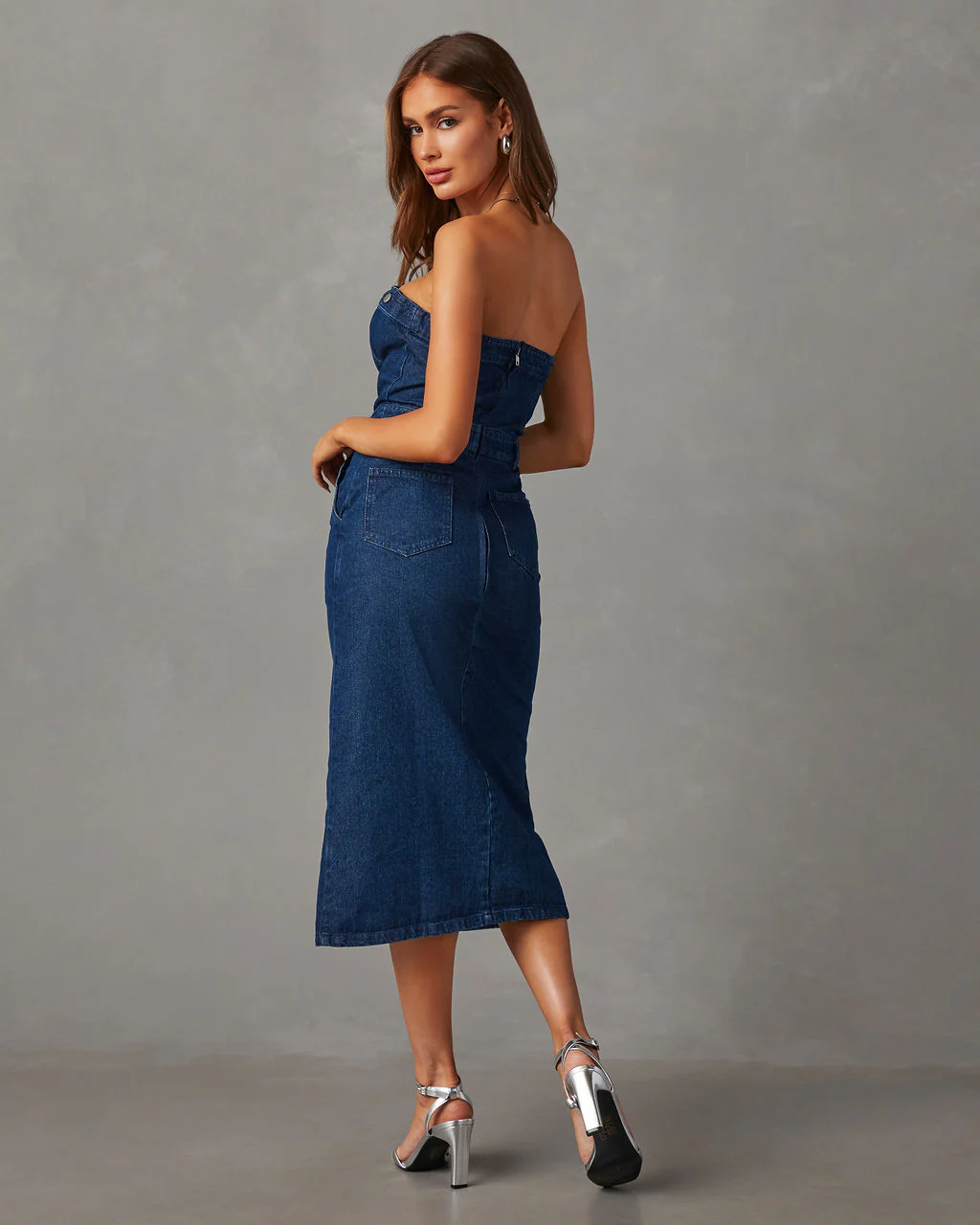 Edgy Era Denim Strapless Midi Dress - Image 4