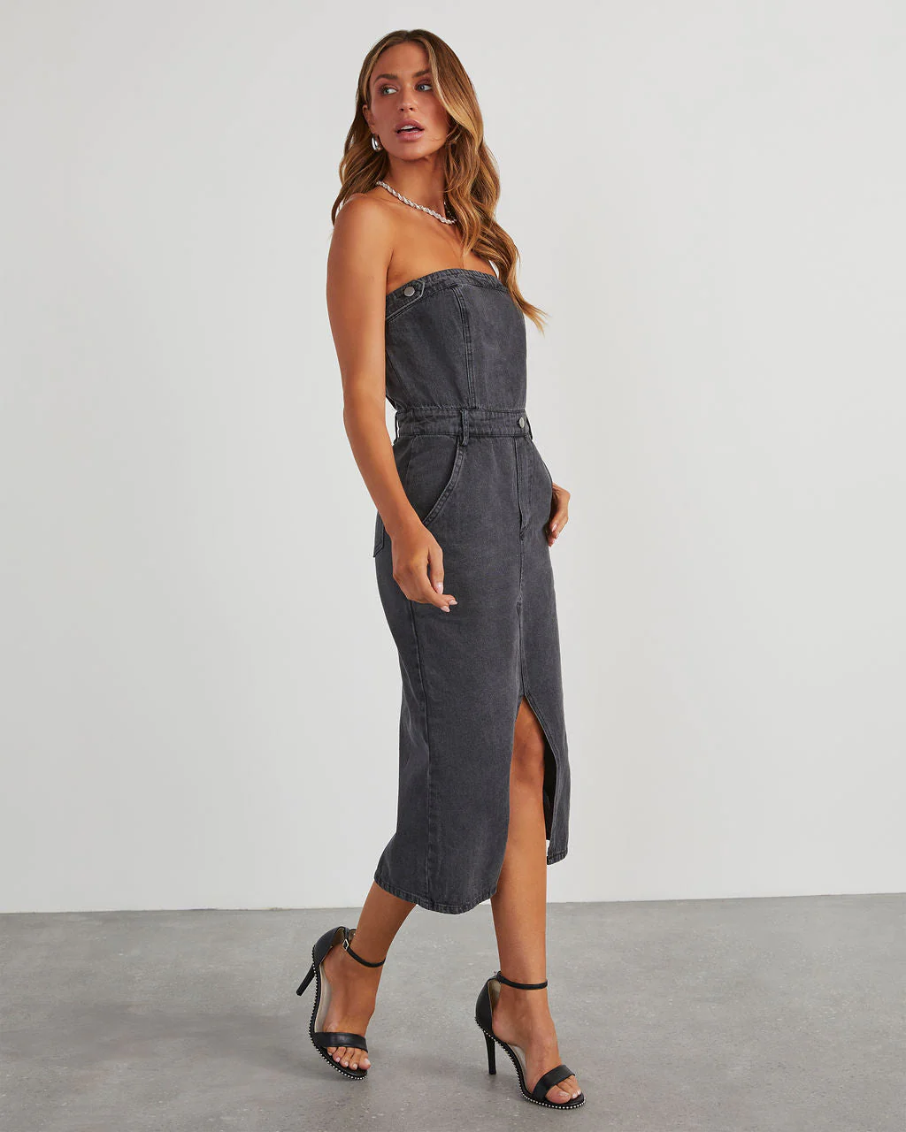 Edgy Era Denim Strapless Midi Dress - Image 9