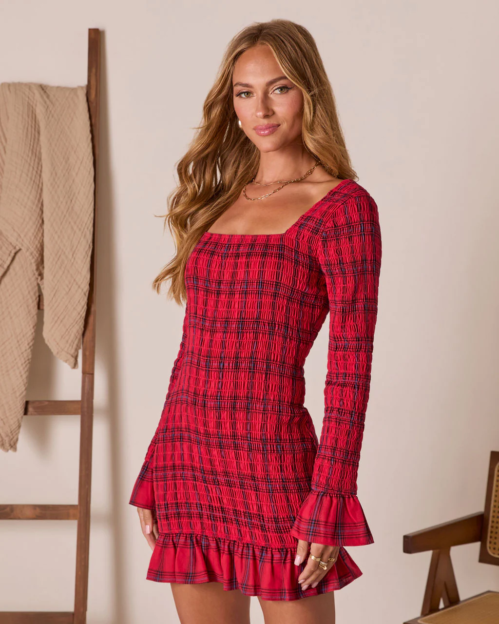 Edison Smocked Plaid Mini Dress - Image 3