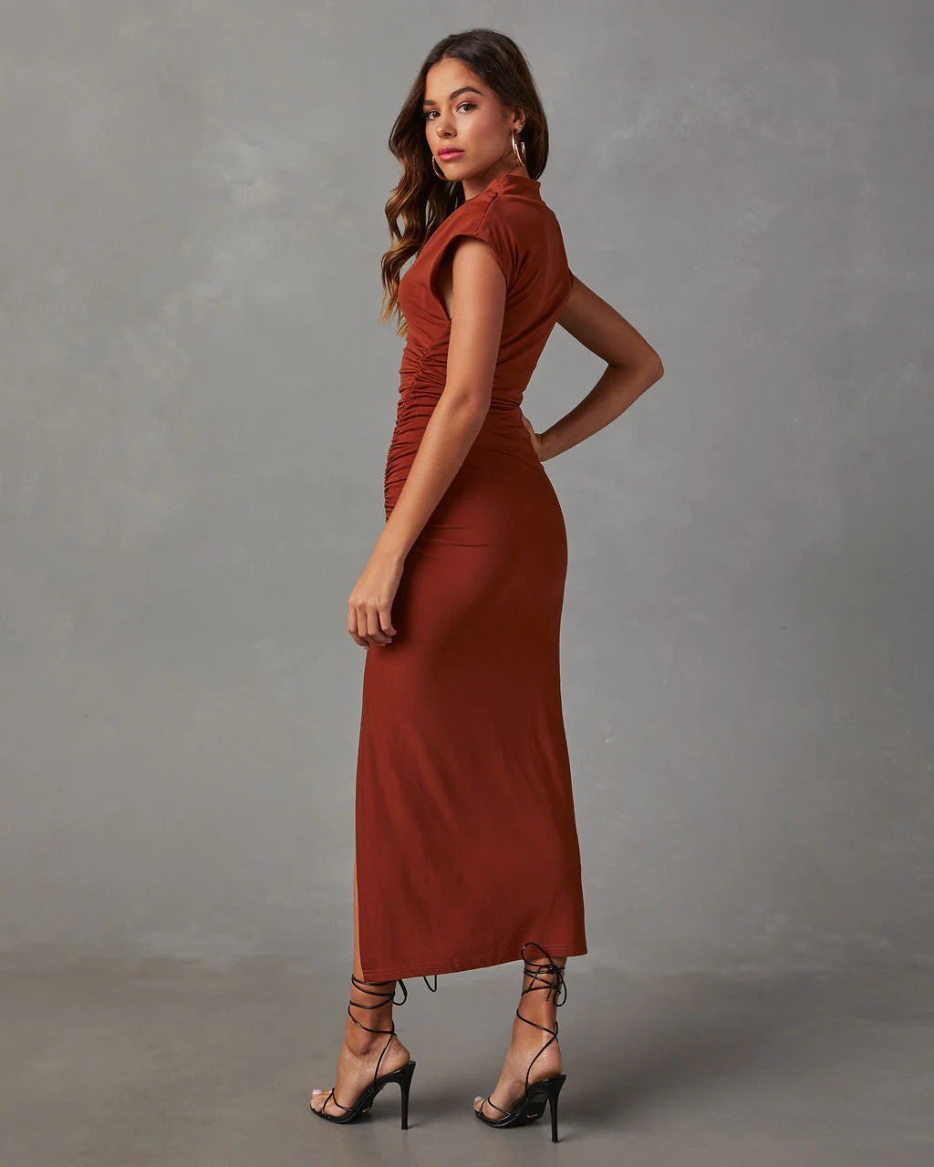 Elisabeth Mock Neck Side Slit Ruched Midi Dress - Image 39