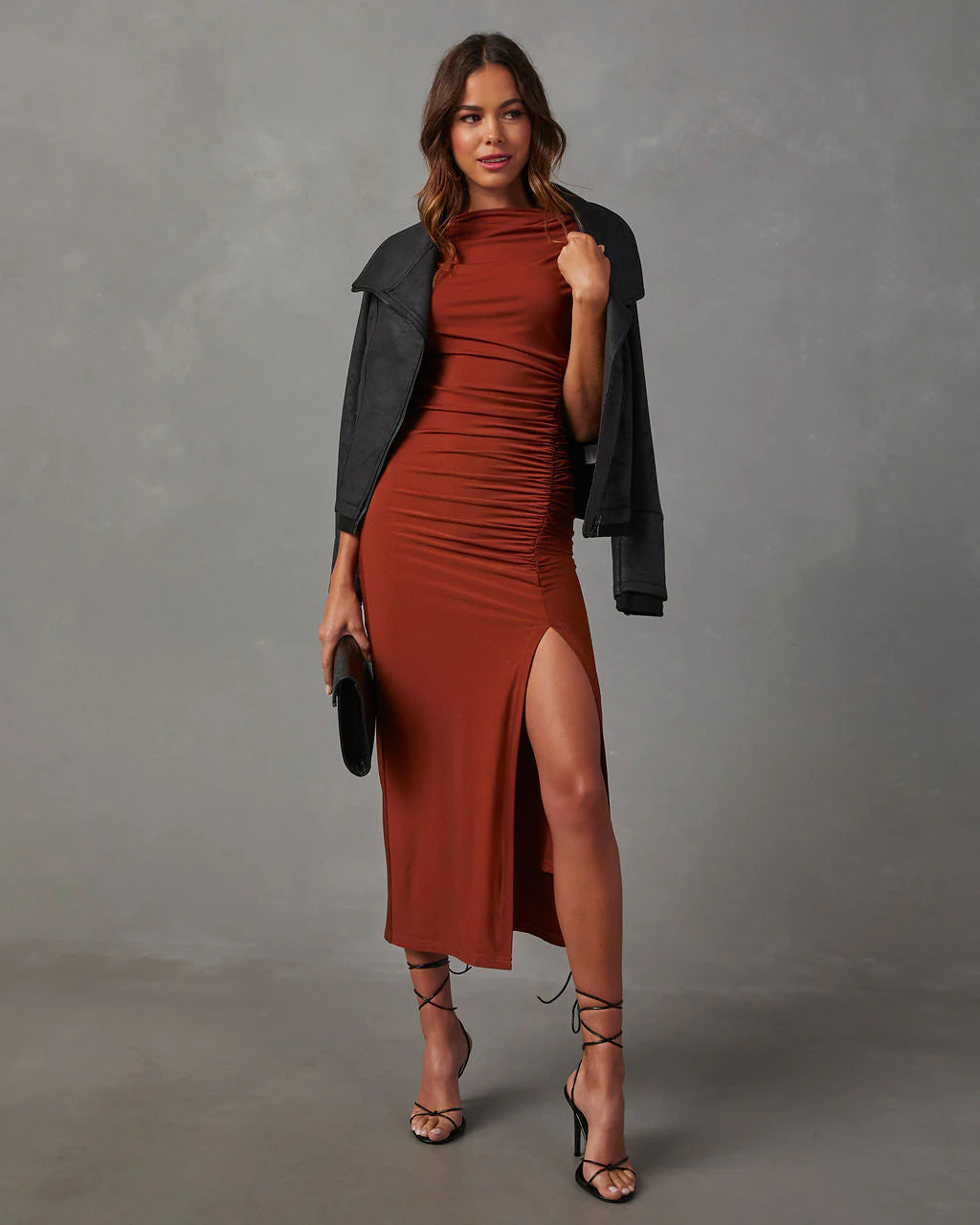 Elisabeth Mock Neck Side Slit Ruched Midi Dress - Image 41