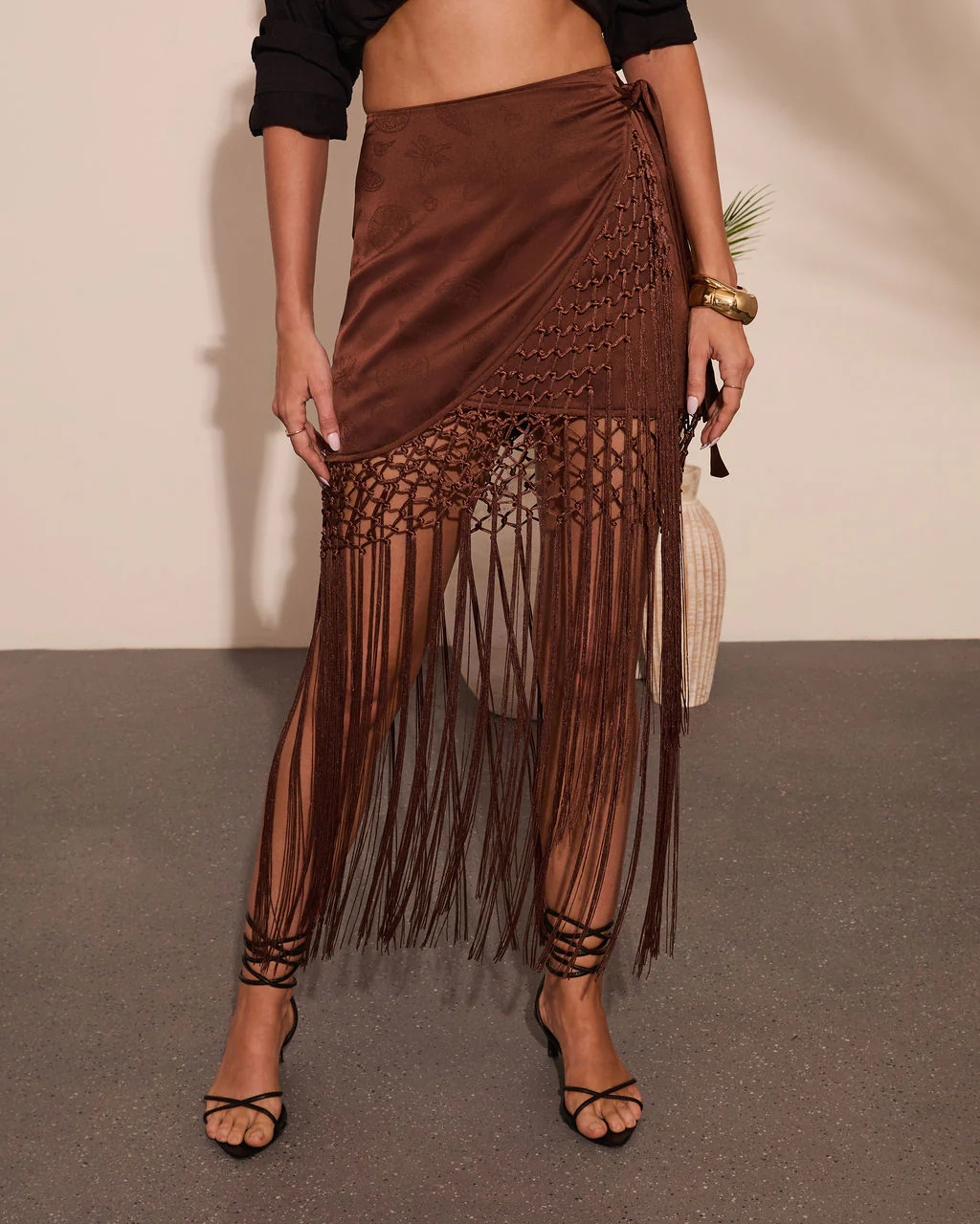 Elyssa Fringe Satin Jacquard Wrap Tie Midi Skirt - Image 2
