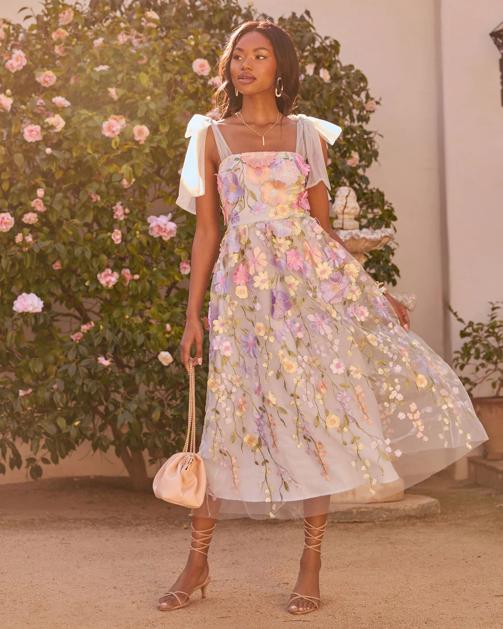 Falling Petals Floral Applique Midi Dress - Image 5