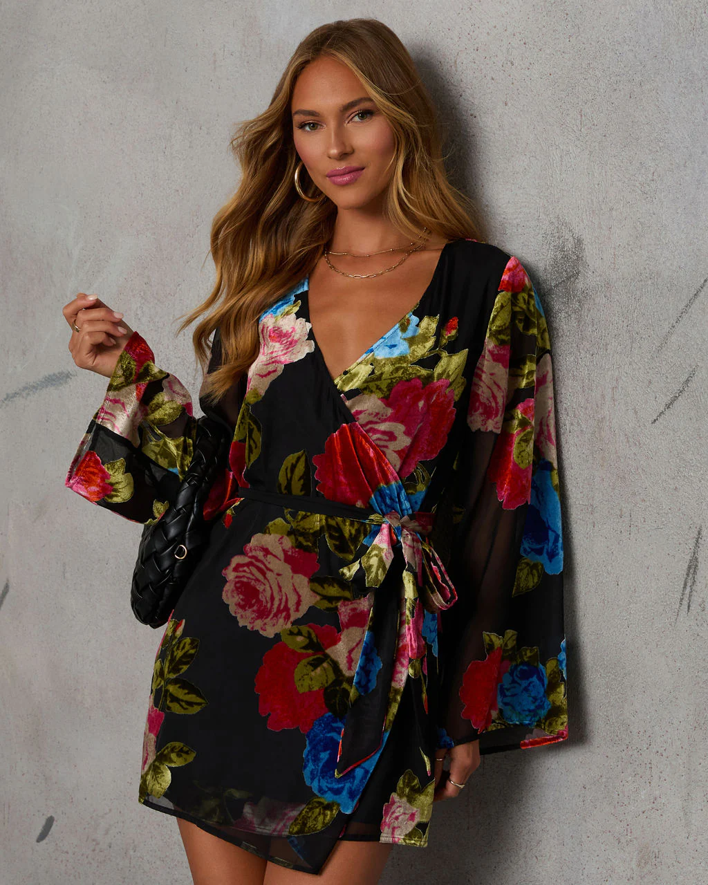 Floral Trail Velvet Burnout Wrap Mini Dress - Image 2