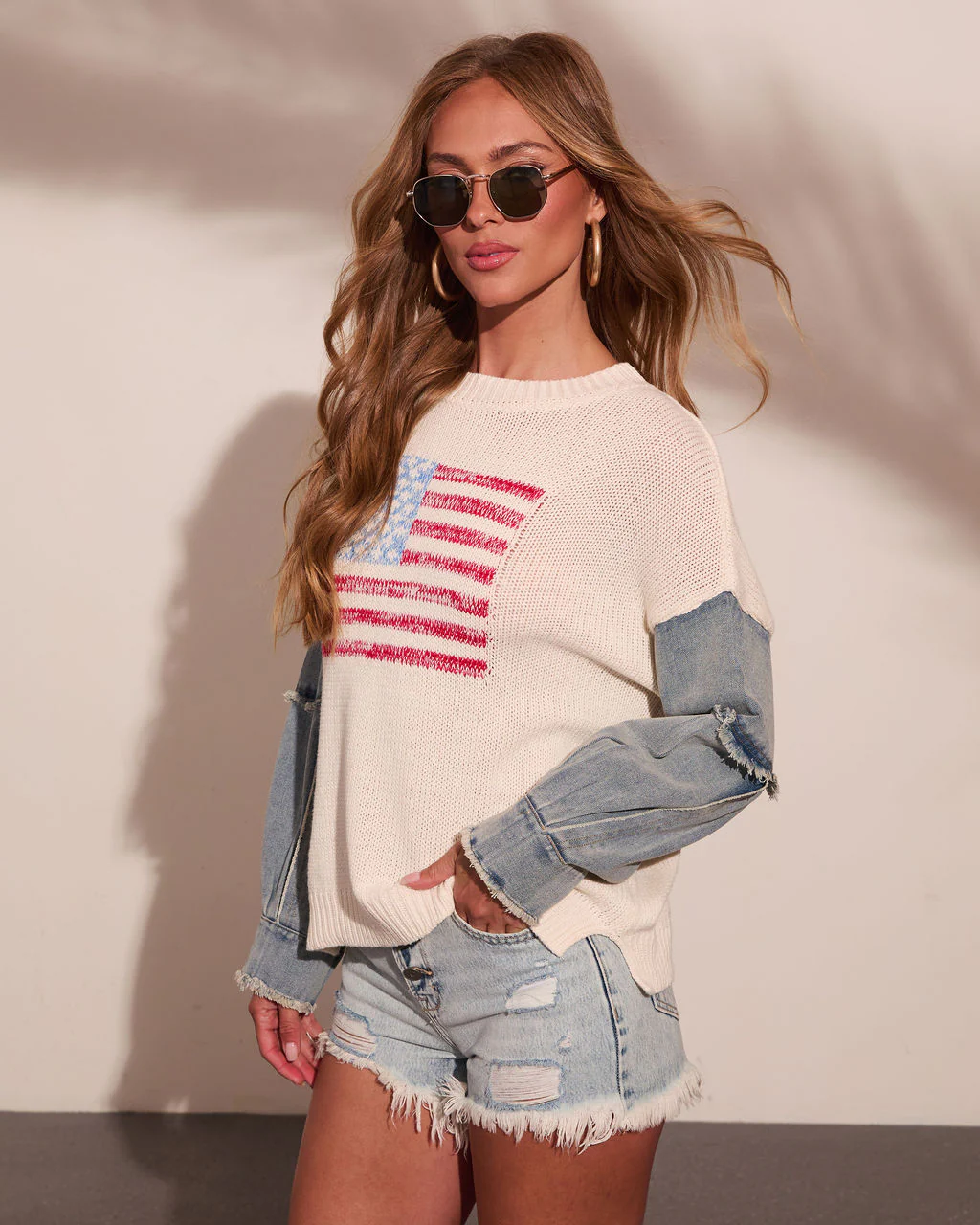 Freedom Sweet American Flag Print Denim Sleeve Sweater - Image 3