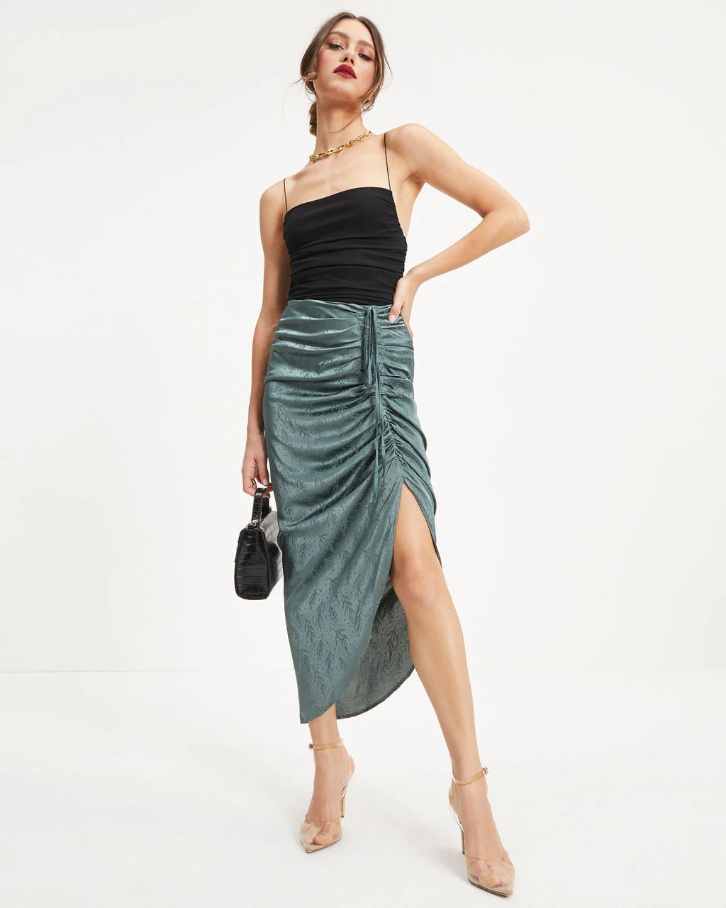 Garcelle Ruched Embossed Satin Maxi Skirt - Image 3