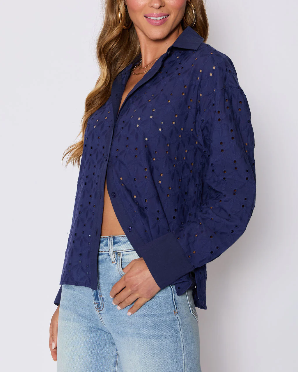 Garden Stroll Eyelet Floral Button Down Top - Image 3