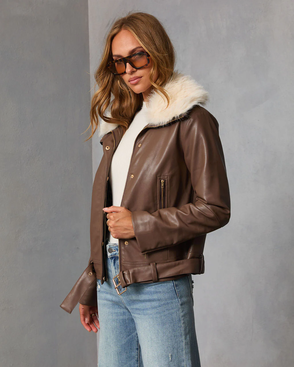 Georginna Leather Fur Collar Moto Jacket - Image 3