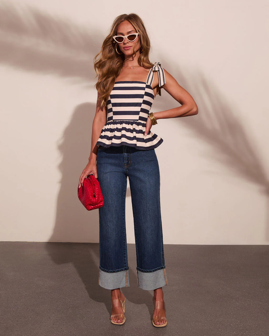 Golden Coast Striped Cotton Peplum Top - Image 2