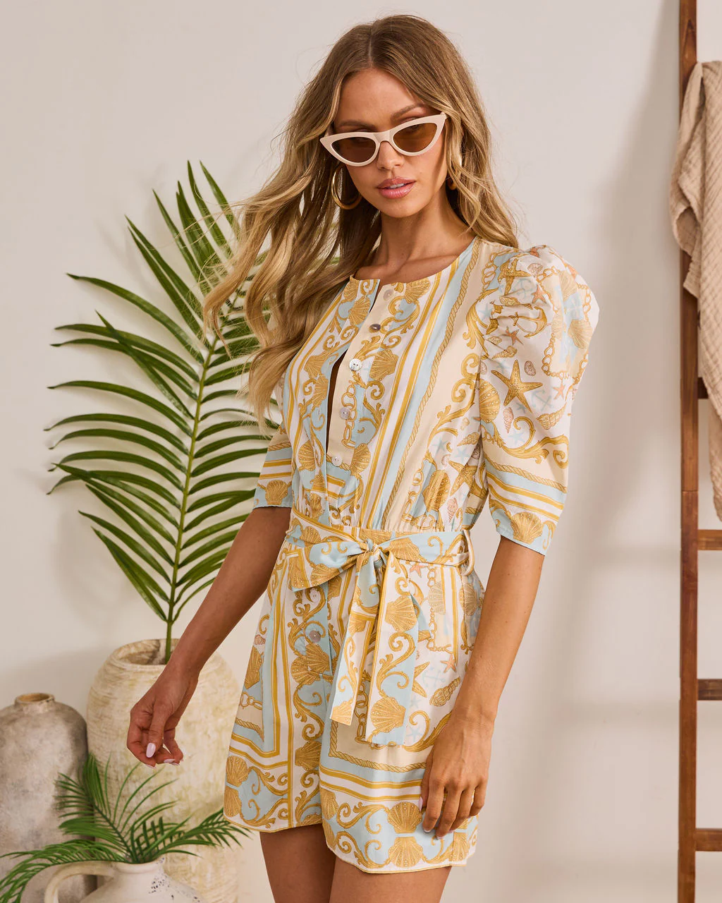 Golden Shore Nautical Print Waist Tie Romper - Image 3