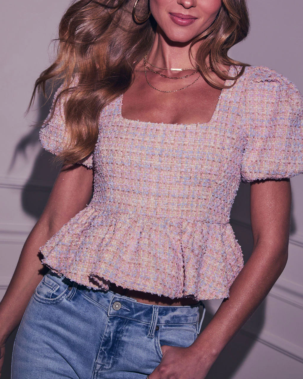Happy Place Tweed Puff Sleeve Peplum Top - Image 6