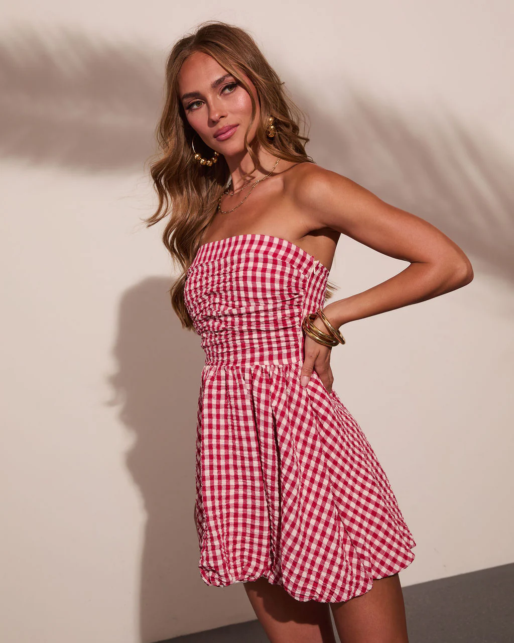 Harbor Stripe Bubble Hem Gingham Print Mini Dress - Image 3