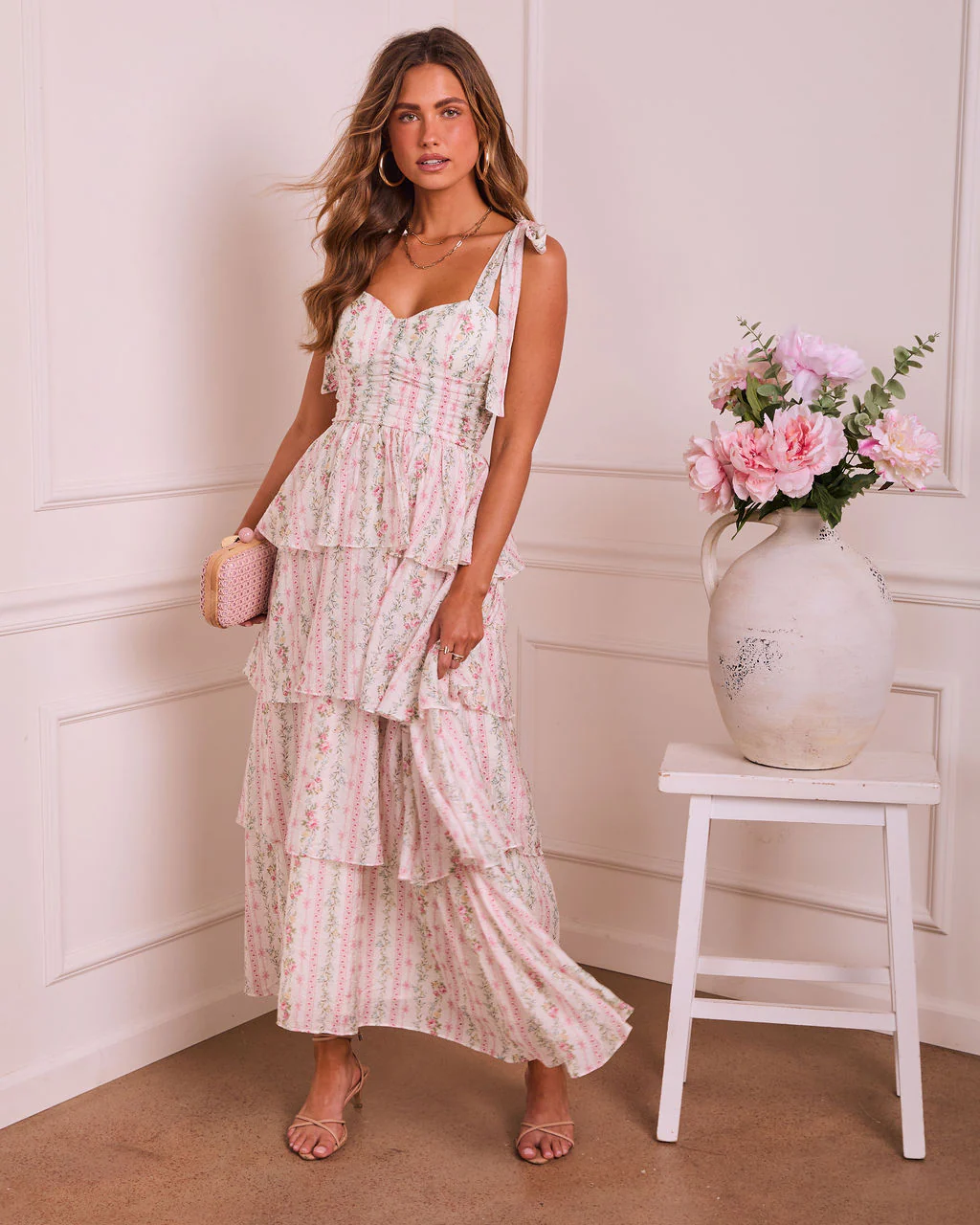 Honey Blush Tiered Floral Midi Dress - Image 3
