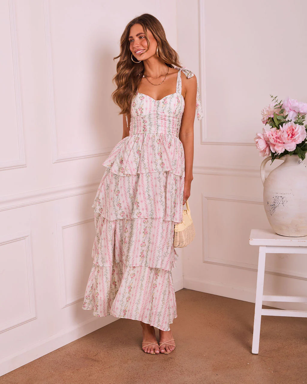 Honey Blush Tiered Floral Midi Dress - Image 5