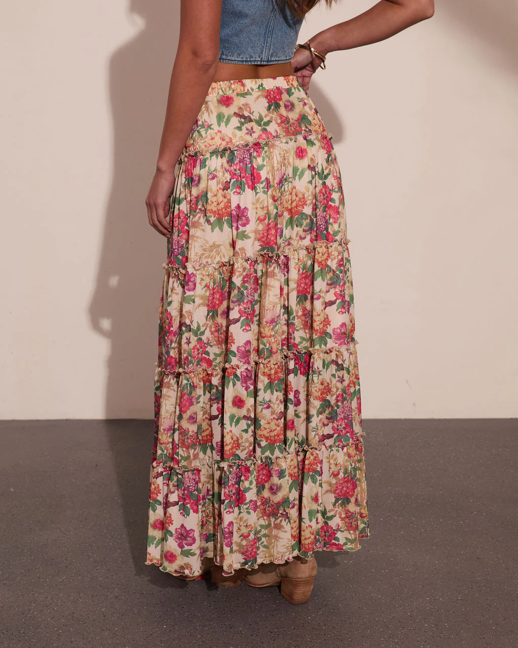 Honey Daze Tiered Floral Mesh Maxi Skirt - Image 4
