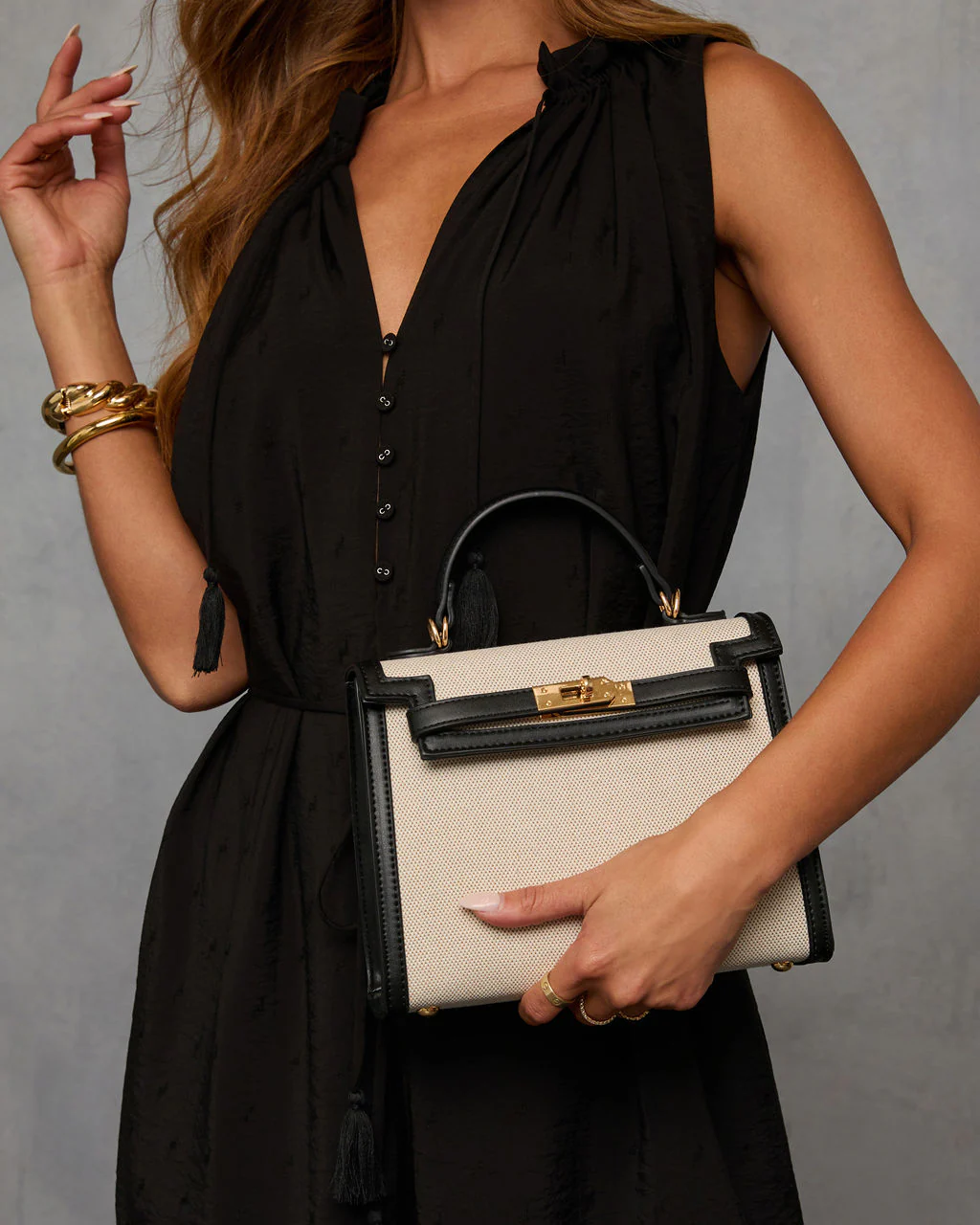 Izabella Contrast Trim Canvas Top Handle Bag - Image 3