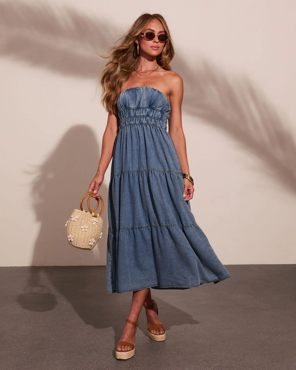 Jaclyne Strapless Tiered Chambray Maxi Dress - Image 6