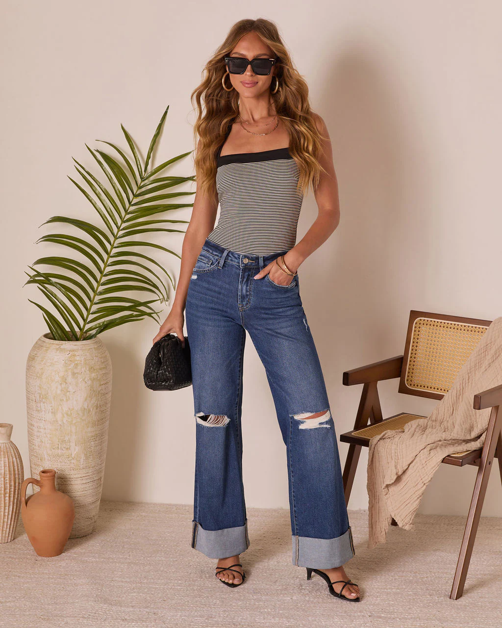 Jaidan Stretch High Rise Wide Leg Distressed Cuffed Jeans