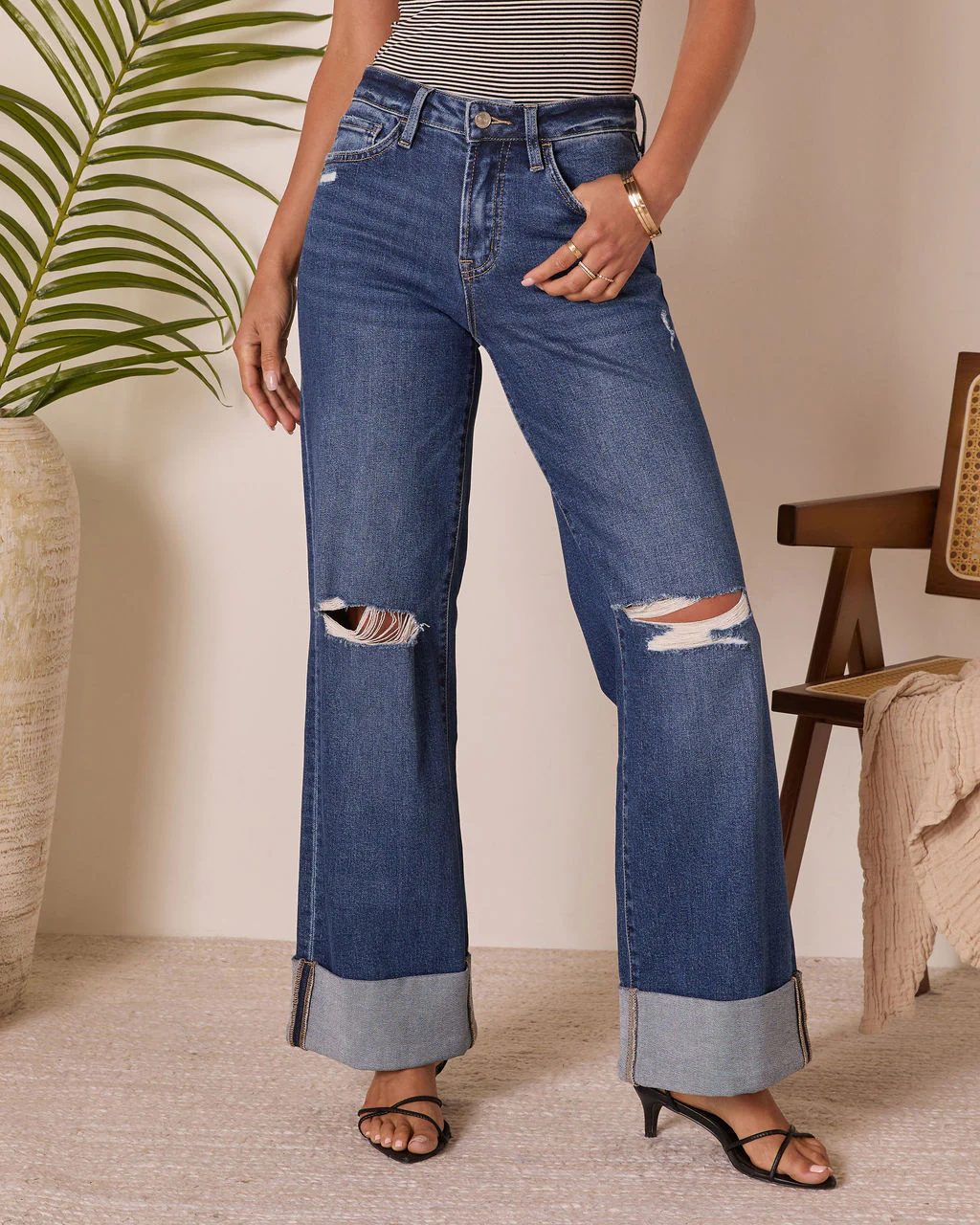 Jaidan Stretch High Rise Wide Leg Distressed Cuffed Jeans - Image 2