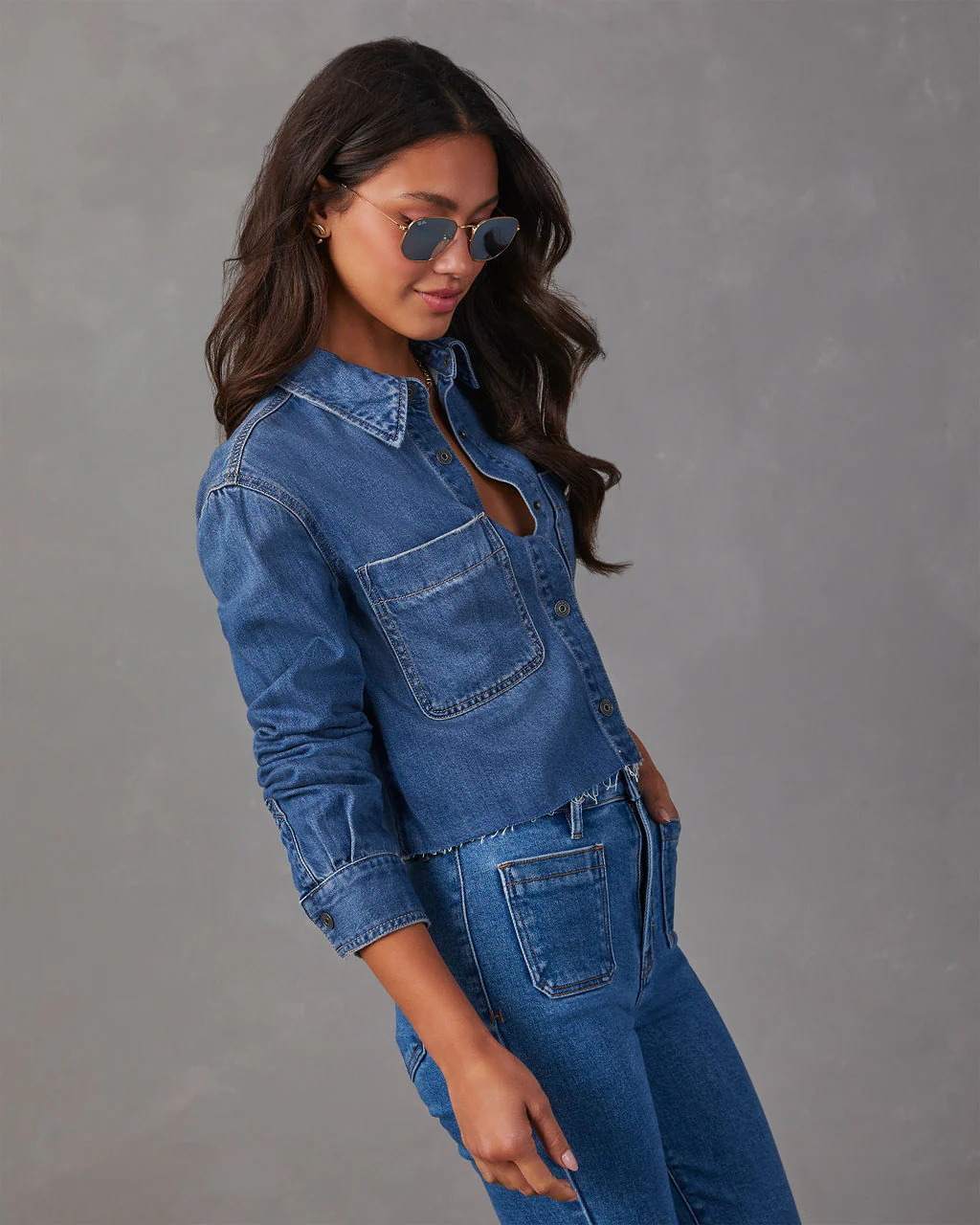 Jamie Cropped Denim Button Down Top - Image 3
