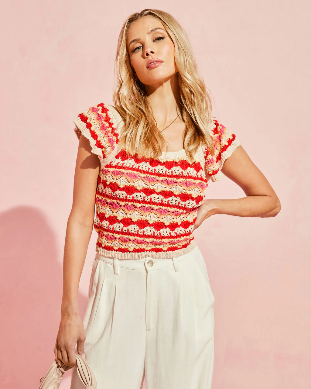 Josephine Cotton Crochet Knit Flutter Sleeve Top - Image 2