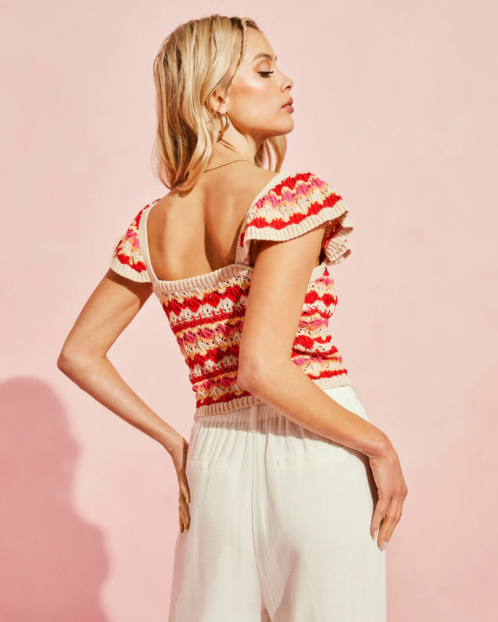 Josephine Cotton Crochet Knit Flutter Sleeve Top - Image 3