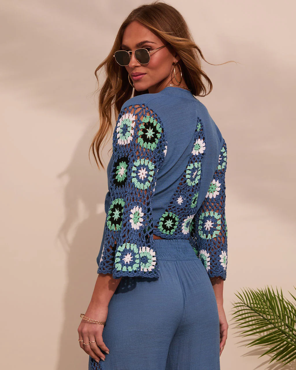 Josia Tie Front Crochet Sleeve Crop Top - Image 4