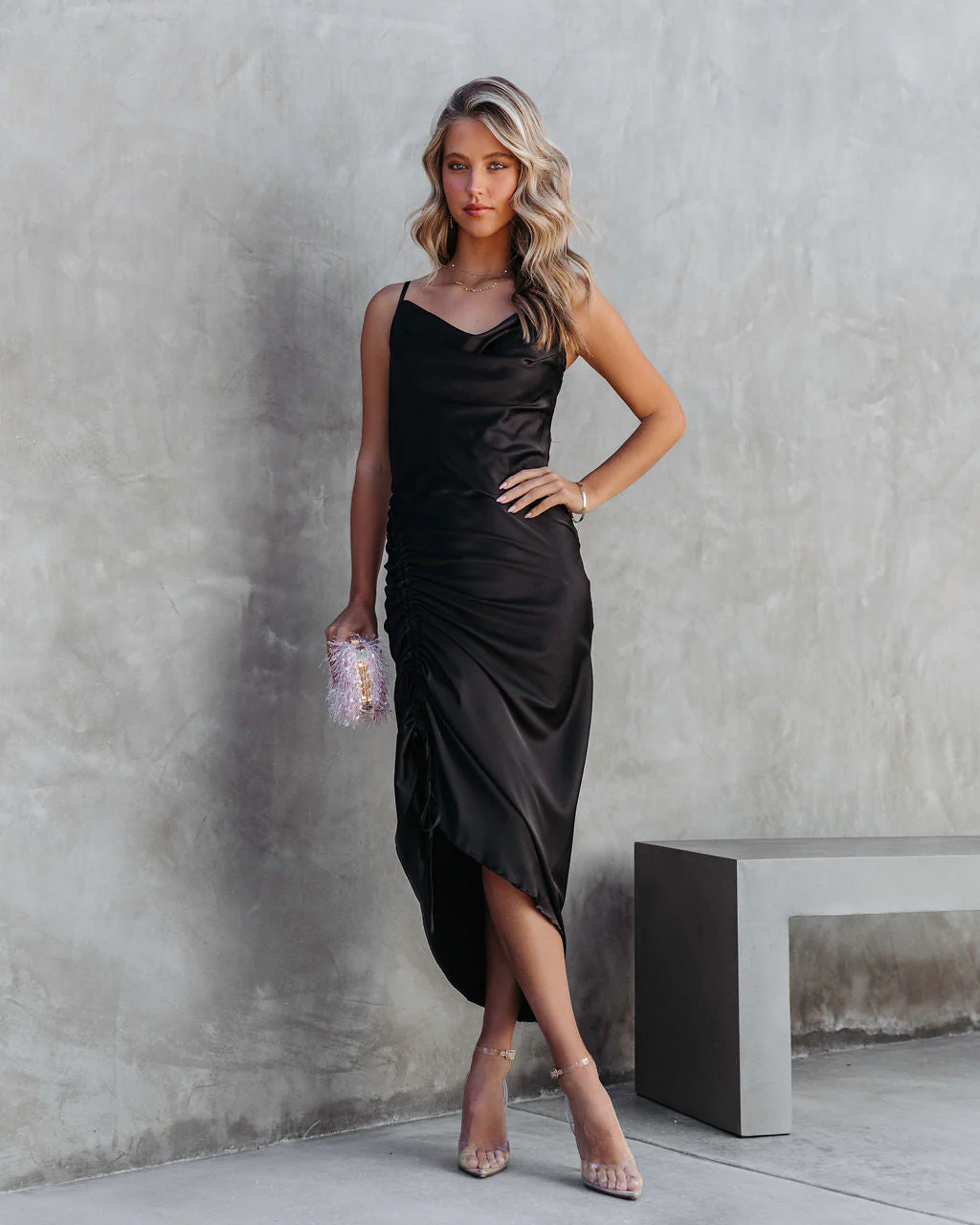 Juliana Satin Cowl Neck Ruched Asymmetrical Maxi Dress - Image 4