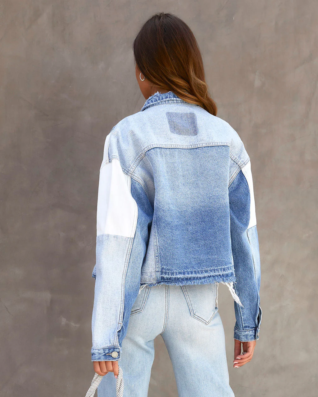 Justification Patchwork Denim Frayed Hem Jacket - Image 2