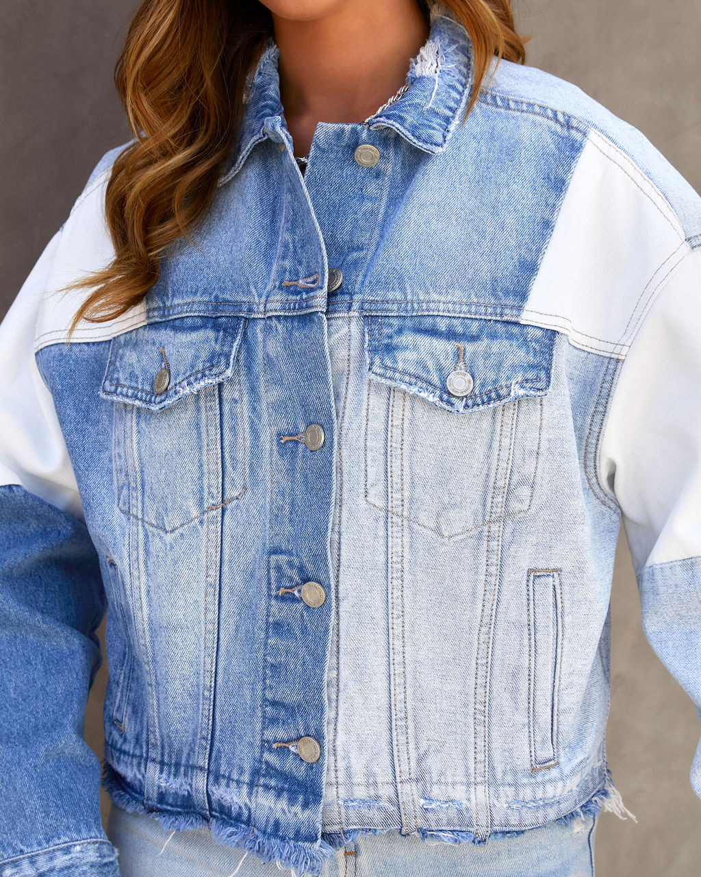Justification Patchwork Denim Frayed Hem Jacket - Image 3
