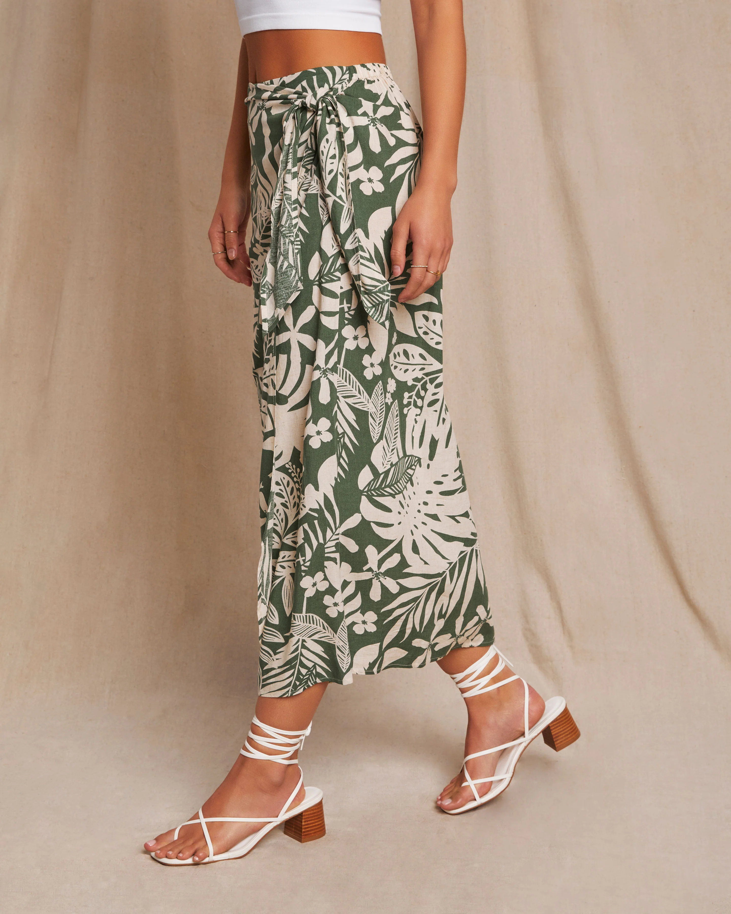 Kaanapali Linen Blend Tropical Print Wrap Midi Skirt - Image 11
