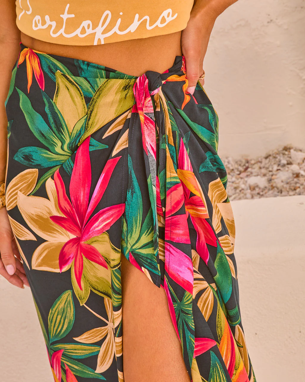 Kaanapali Linen Blend Tropical Print Wrap Midi Skirt - Image 6