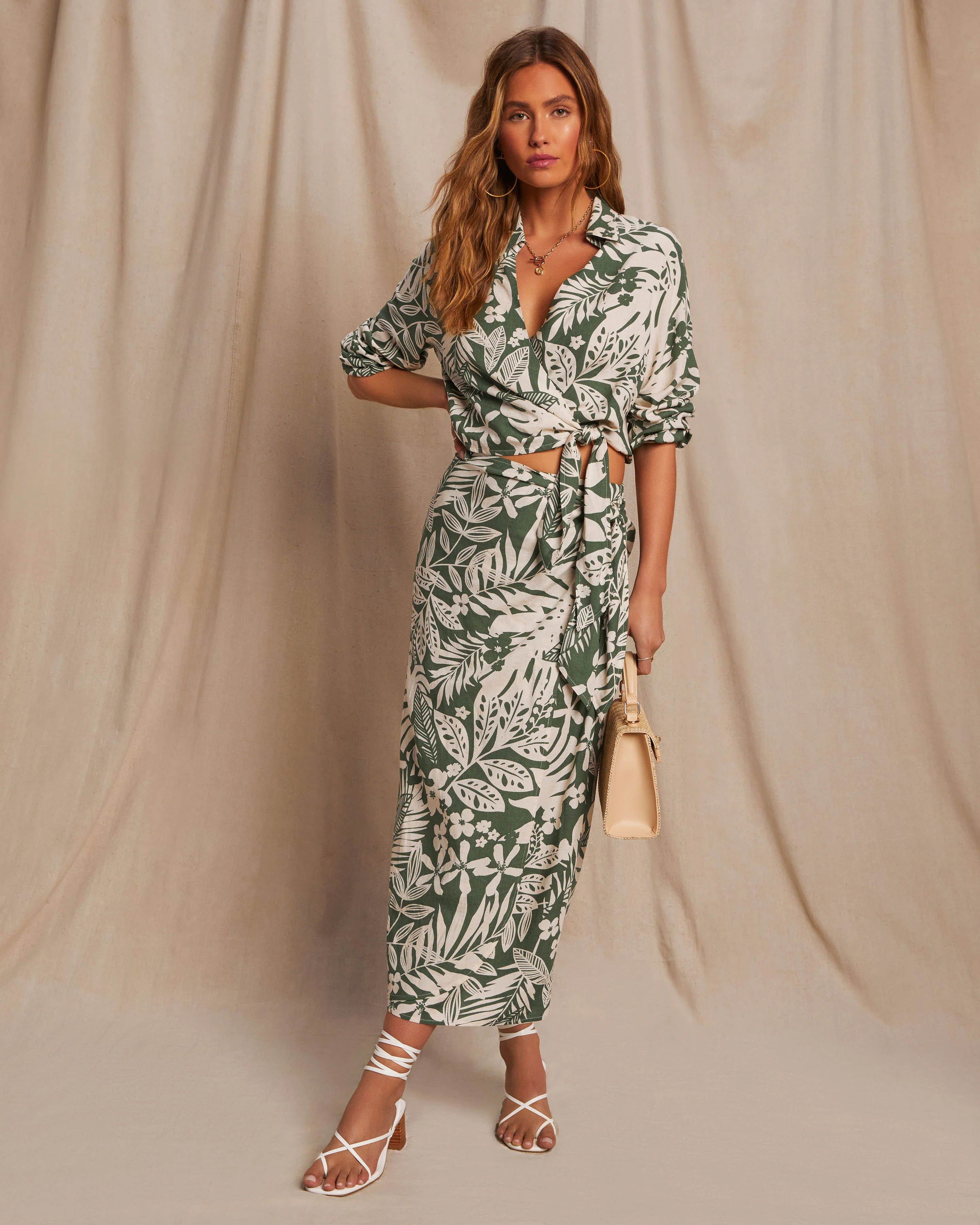 Kaanapali Linen Blend Tropical Print Wrap Midi Skirt - Image 7