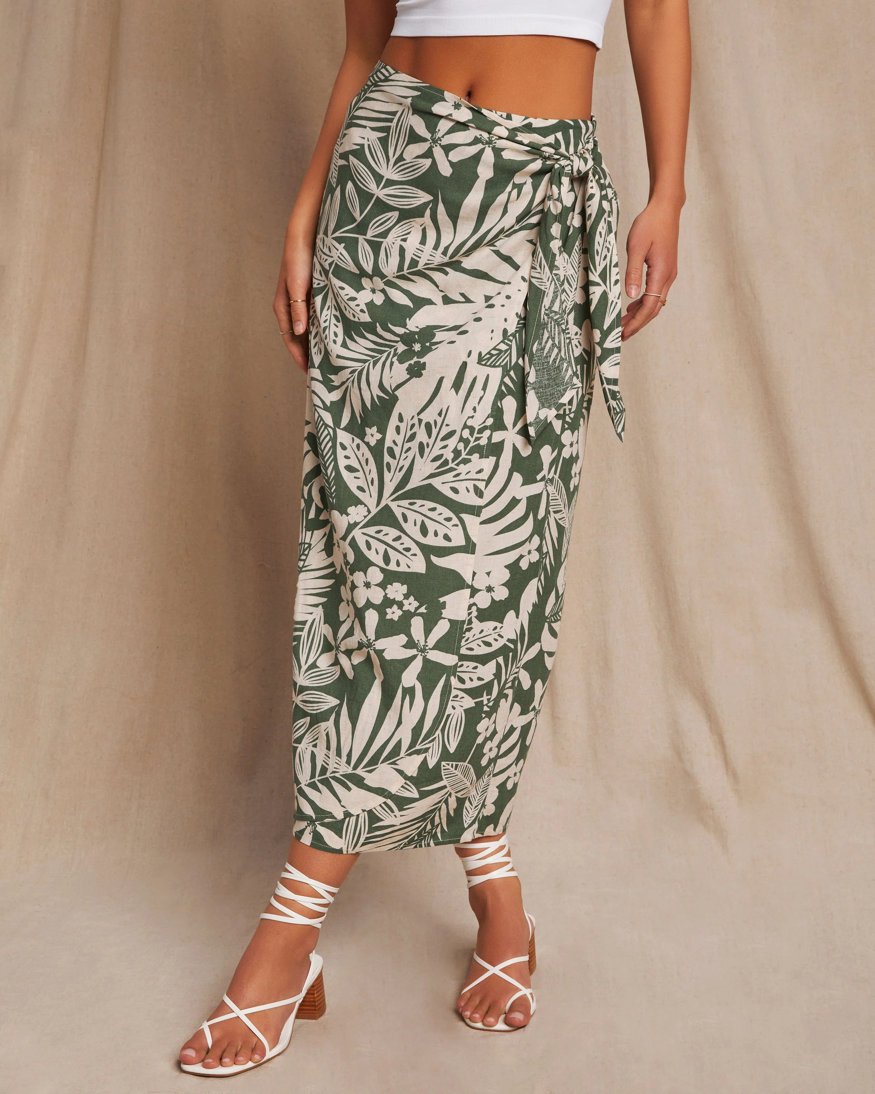 Kaanapali Linen Blend Tropical Print Wrap Midi Skirt - Image 9