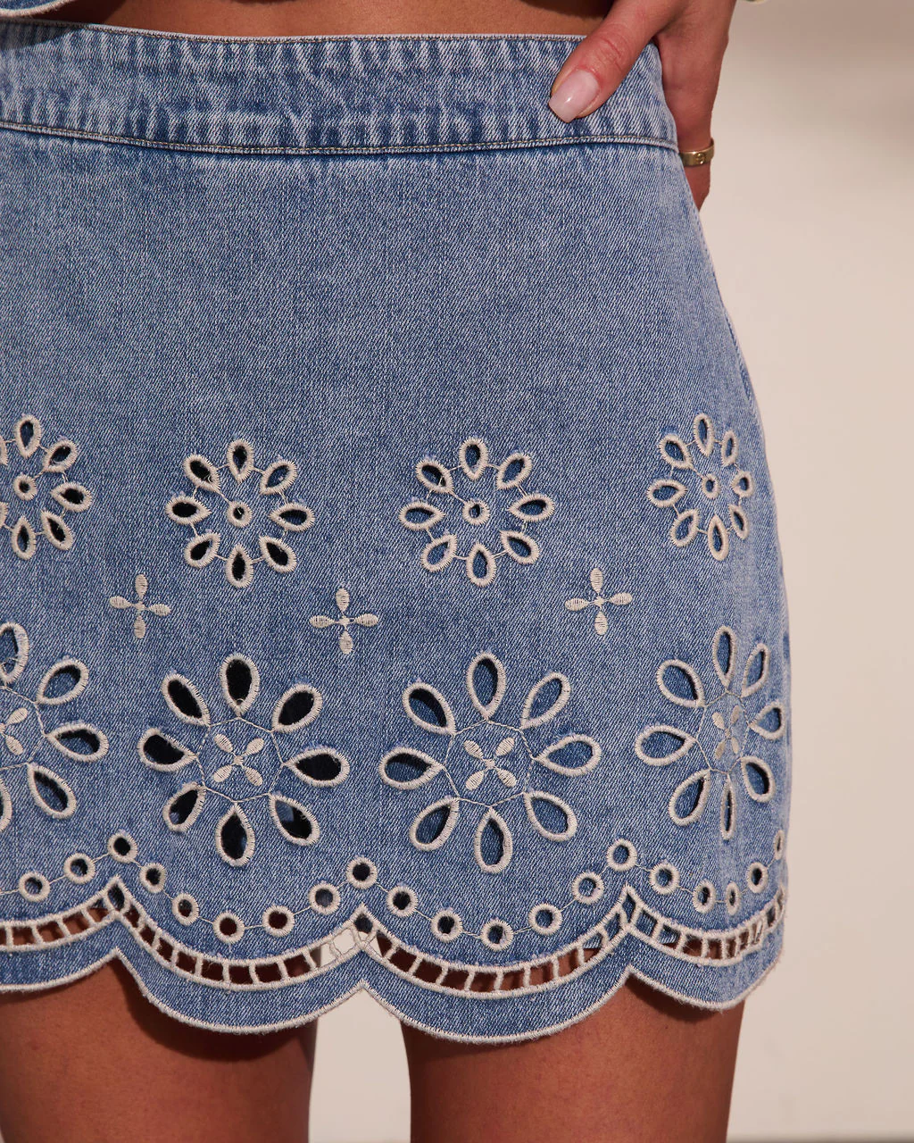 Kimberlin Denim Floral Eyelet Mini Skort - Image 6