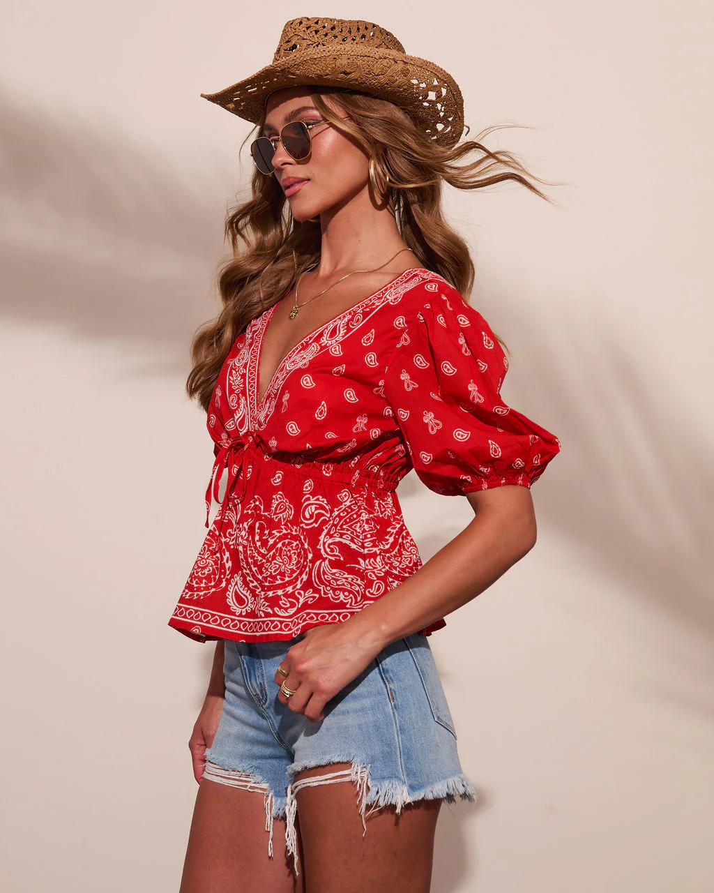 Kinslee Plunging Neckline Paisley Bandana Print Peplum Top - Image 3