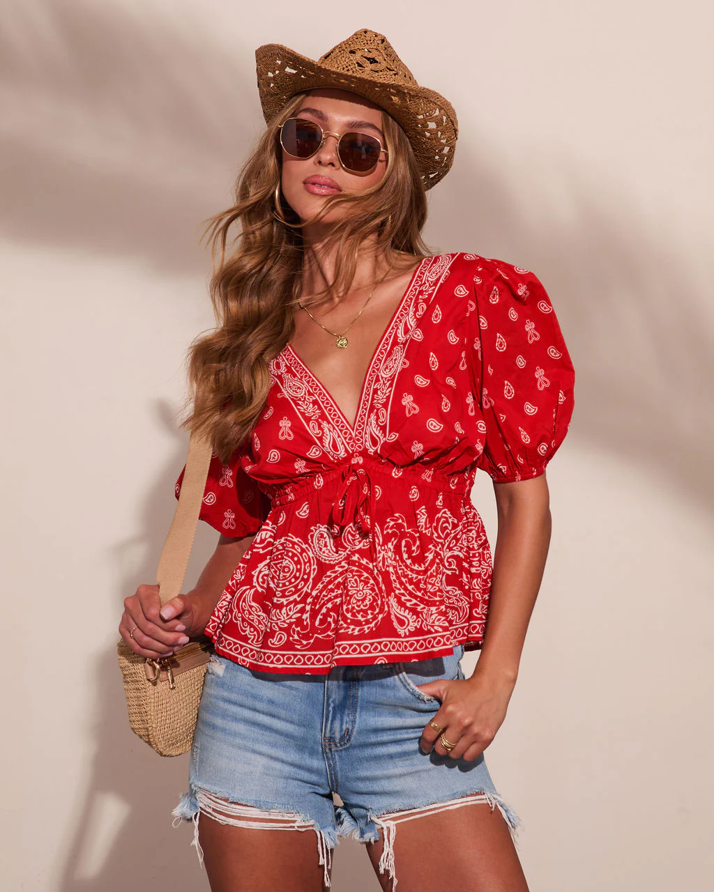 Kinslee Plunging Neckline Paisley Bandana Print Peplum Top - Image 5