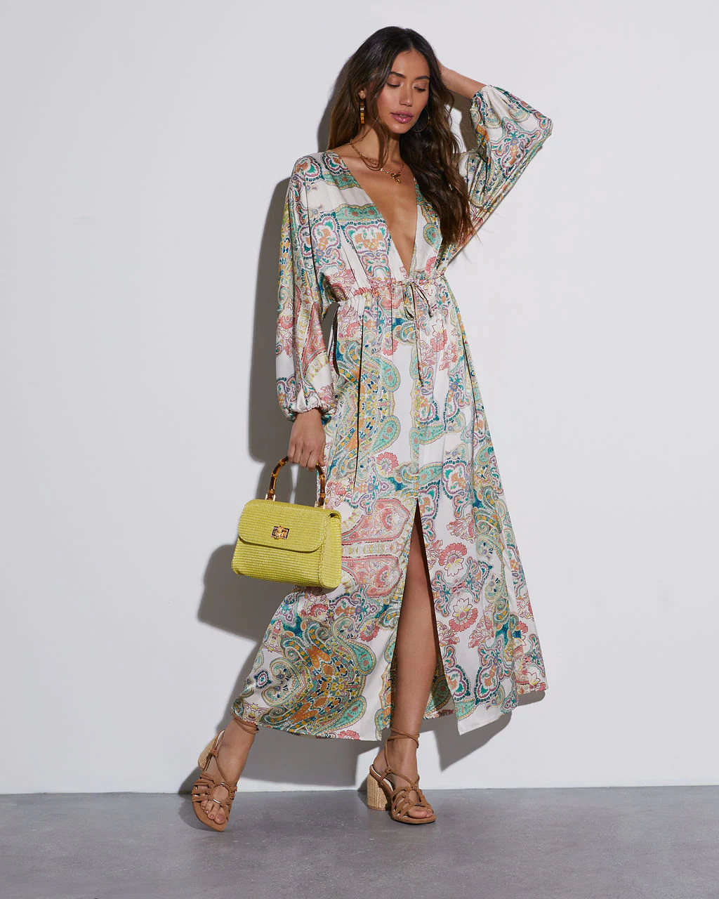 Korina Satin Printed Kimono Empire Waist Maxi Dress - Image 11