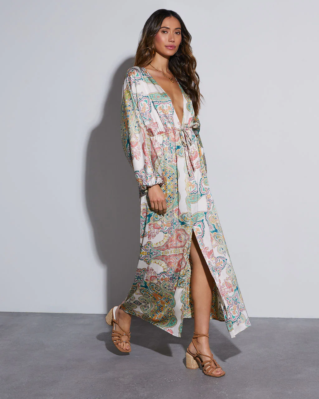 Korina Satin Printed Kimono Empire Waist Maxi Dress - Image 8