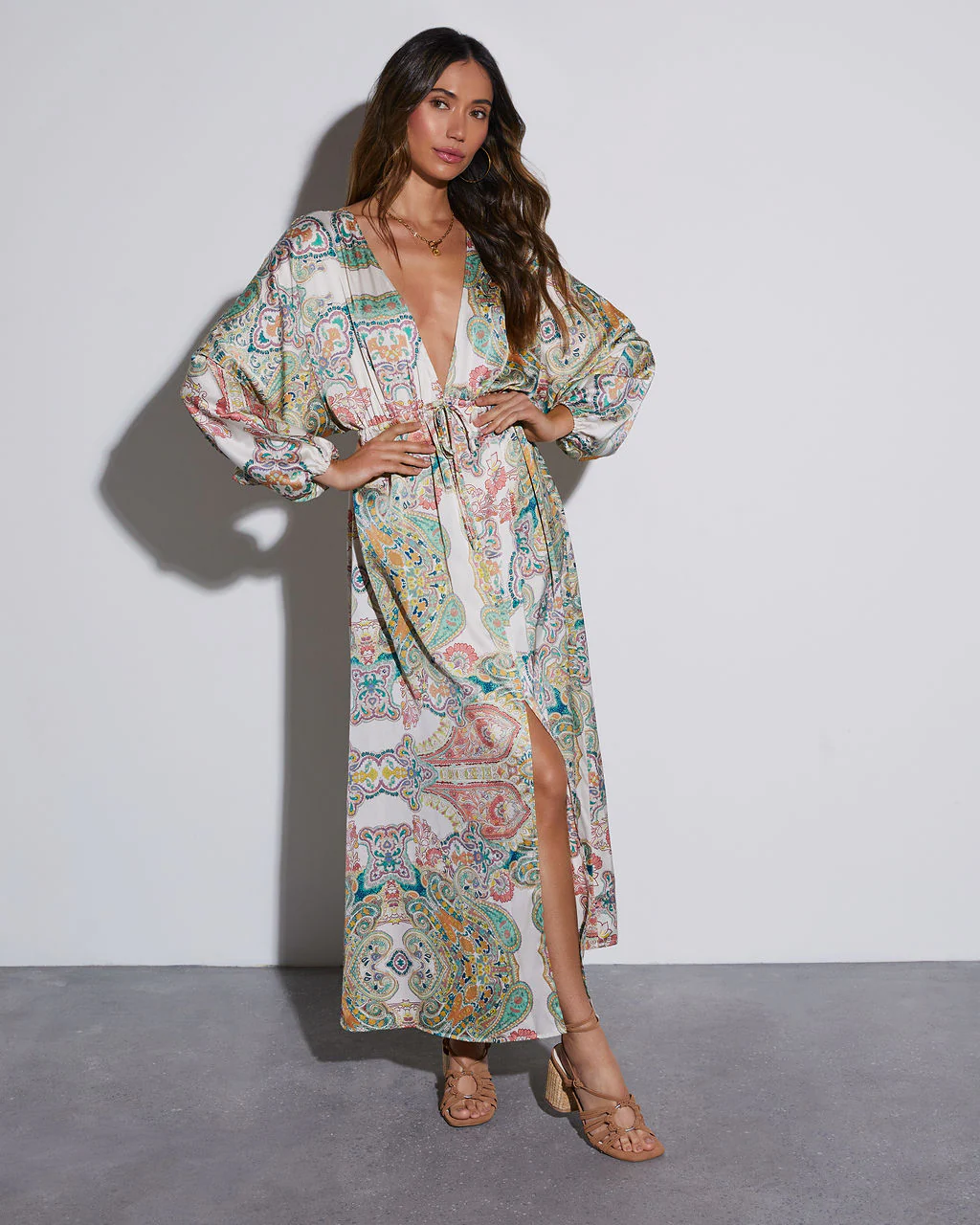 Korina Satin Printed Kimono Empire Waist Maxi Dress - Image 9