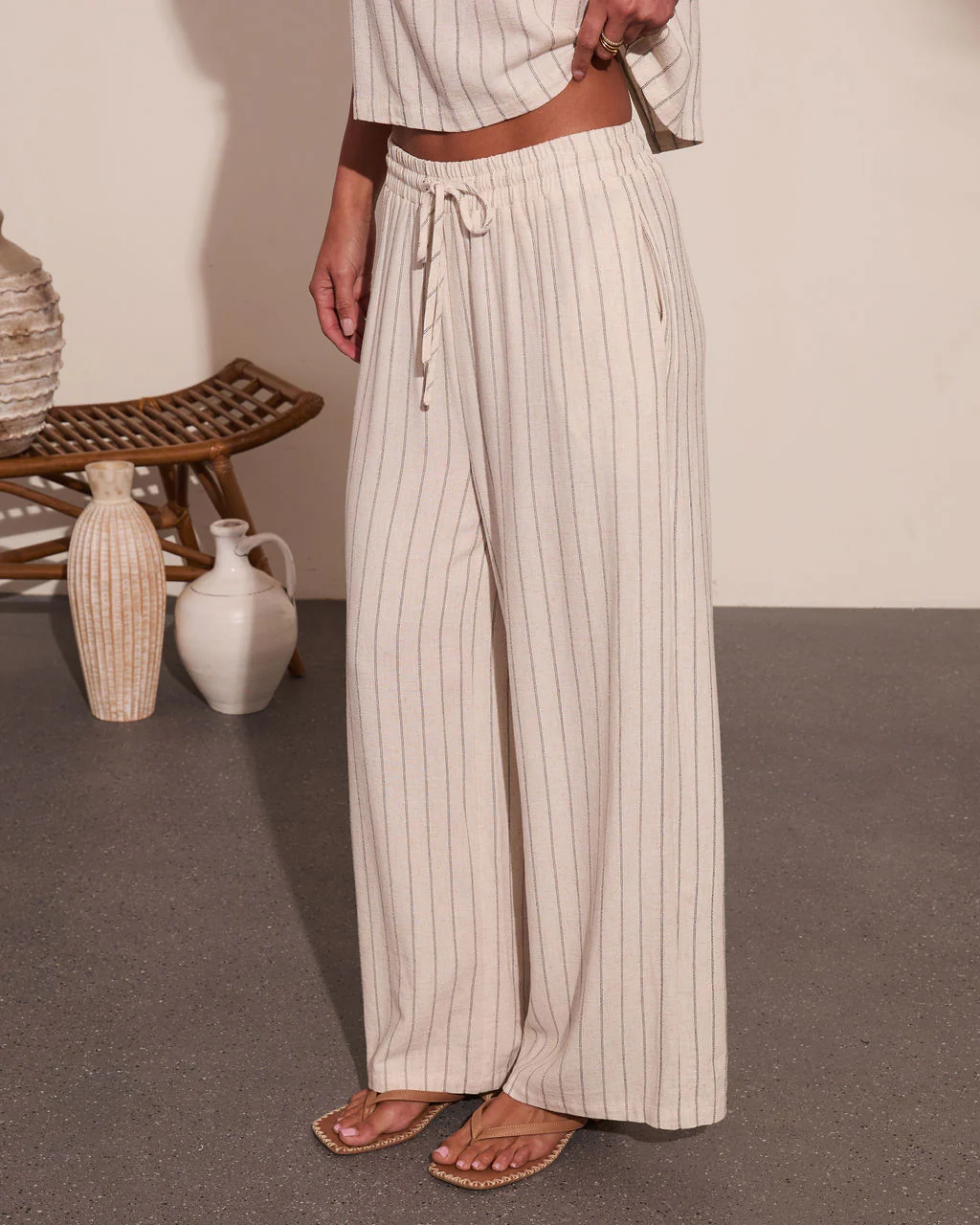 Lainee Striped Drawstring Linen Blend Wide Leg Pants - Image 3