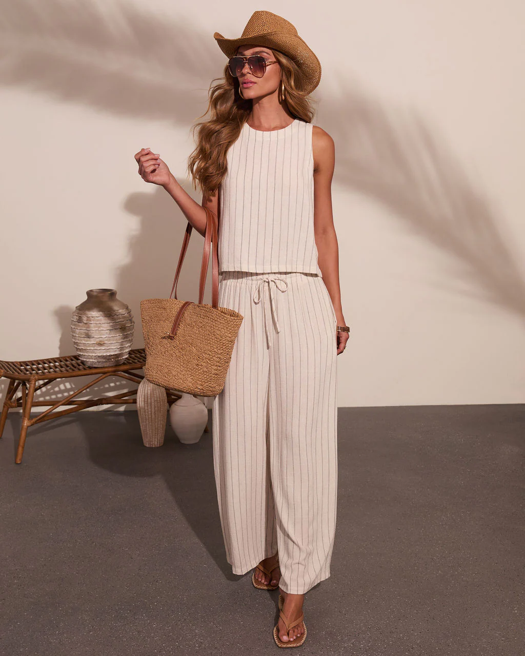 Lainee Striped Drawstring Linen Blend Wide Leg Pants - Image 5