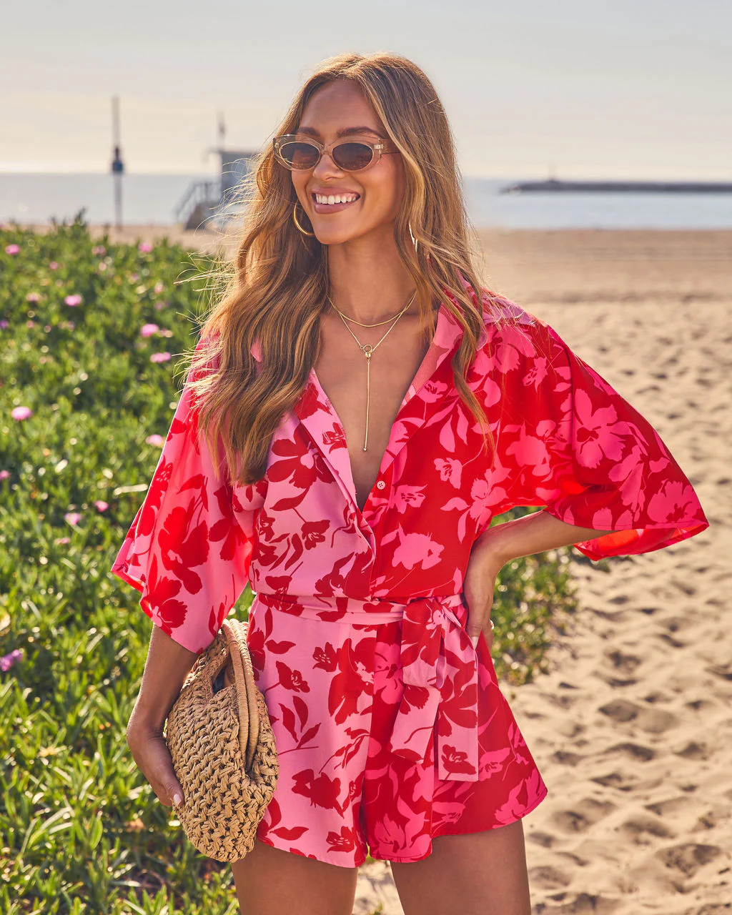 Shaney Color Block Waist Tie Floral Romper - Image 3