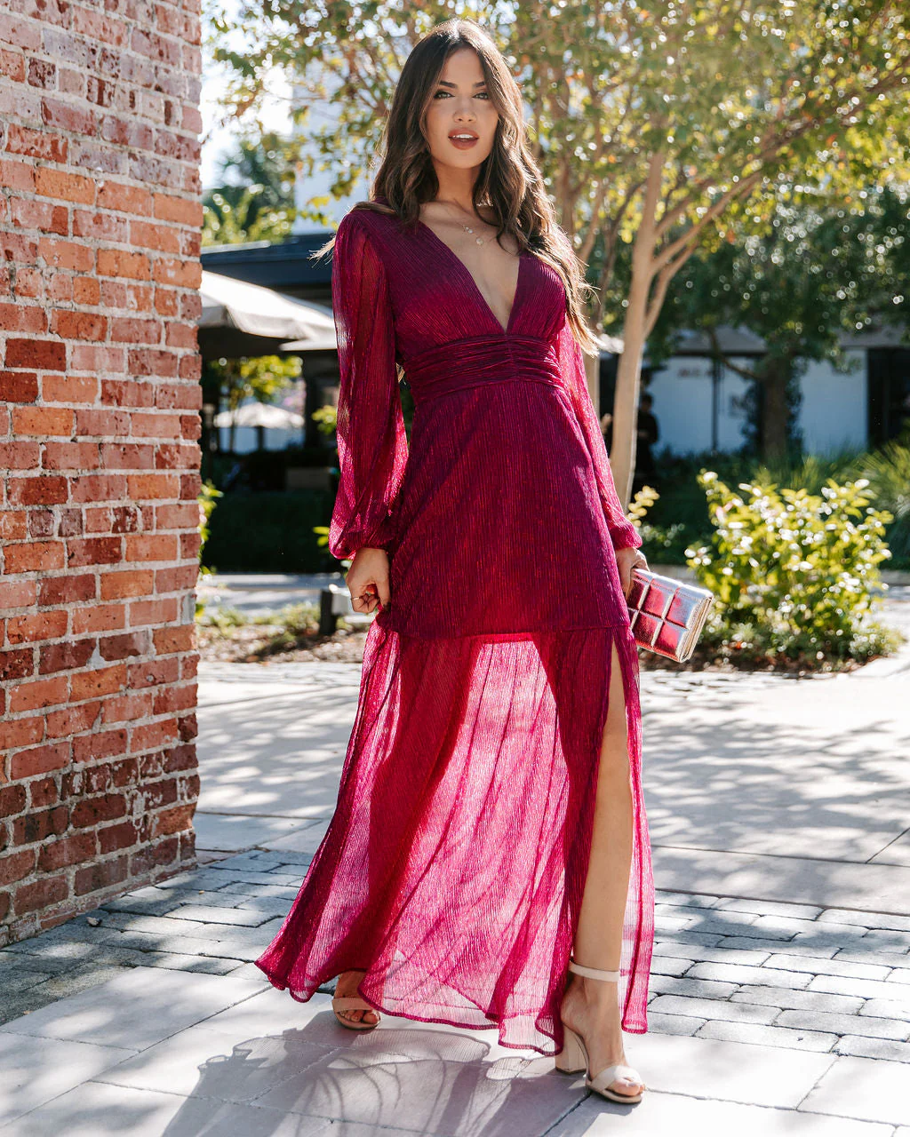 Loretta Plisse Metallic Balloon Sleeve Maxi Dress - Image 3