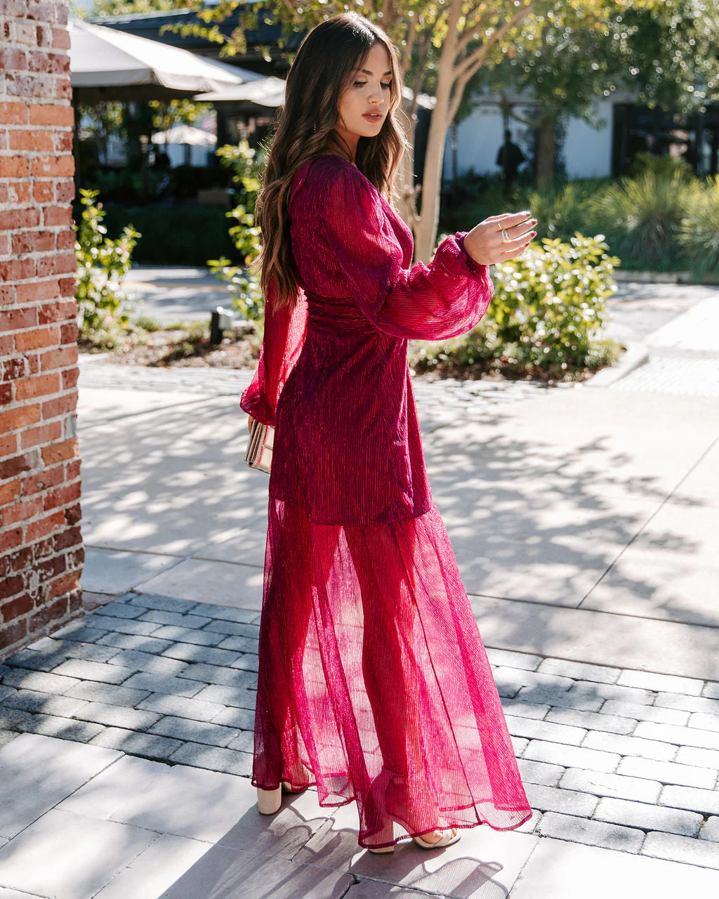 Loretta Plisse Metallic Balloon Sleeve Maxi Dress - Image 4