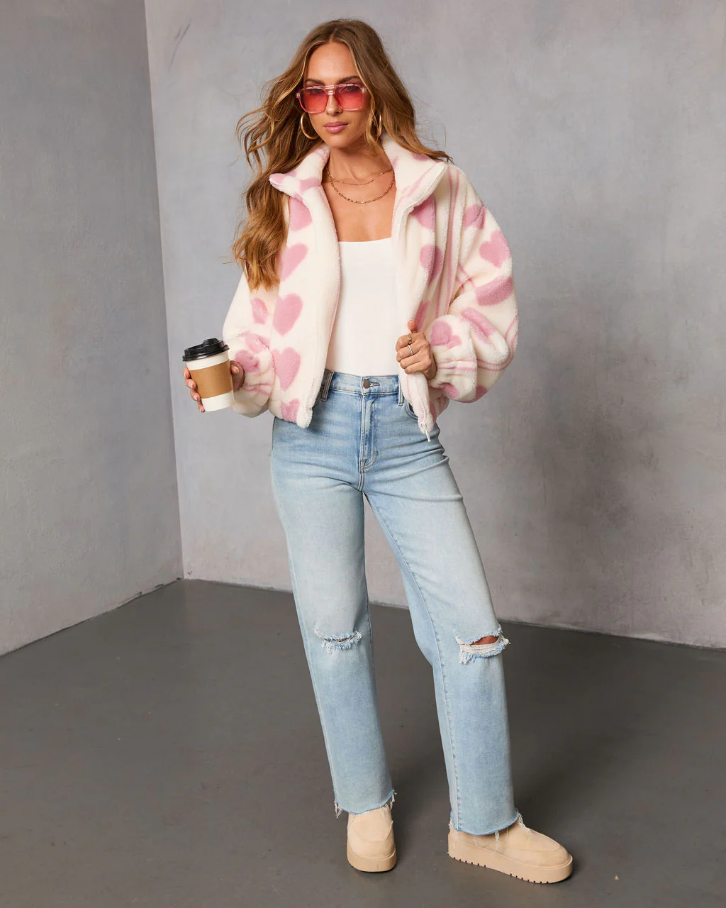Love All Over Sherpa Heart Print Jacket - Image 2