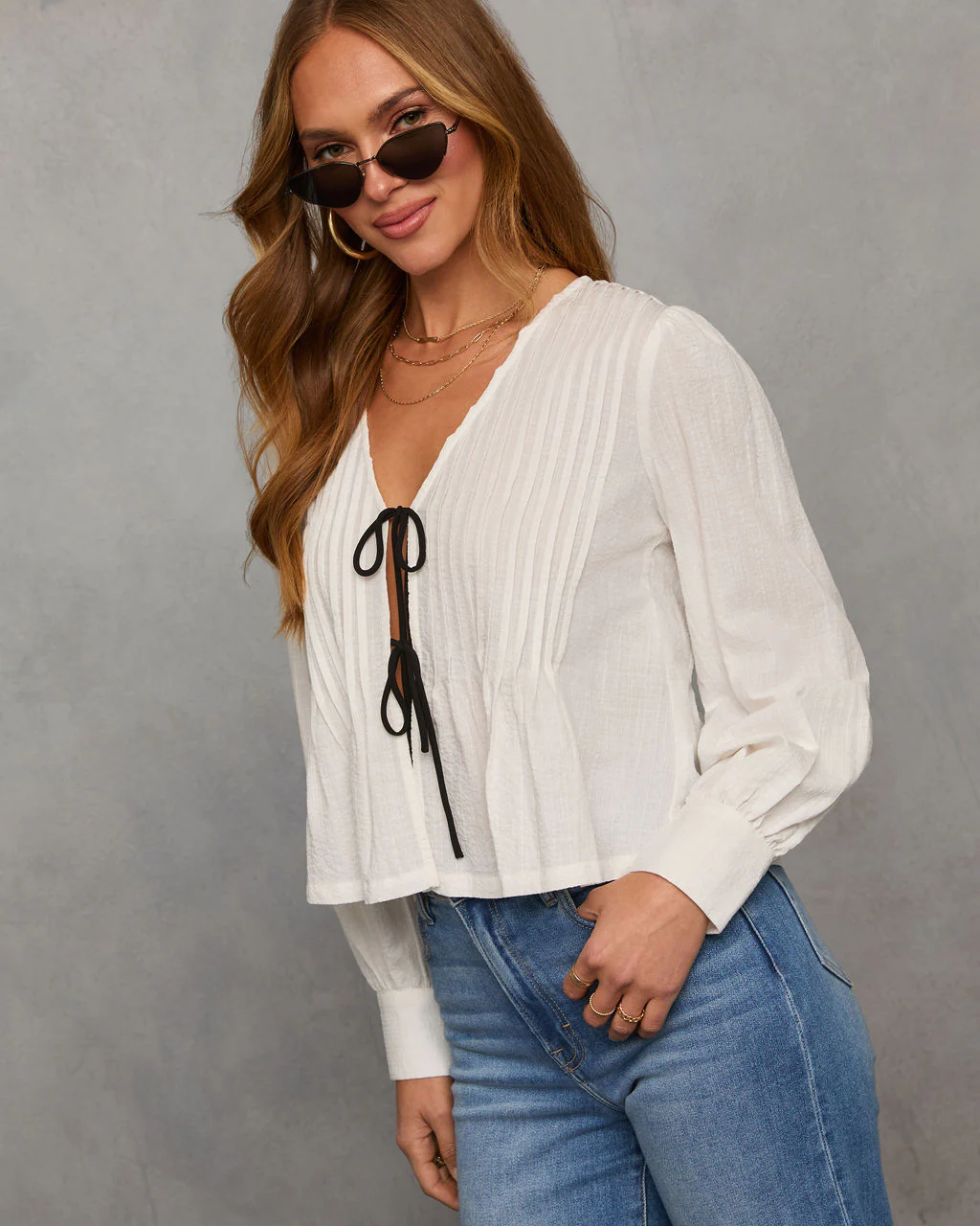 Love Lost Front Tie Pleated Peasant Blouse - Image 2